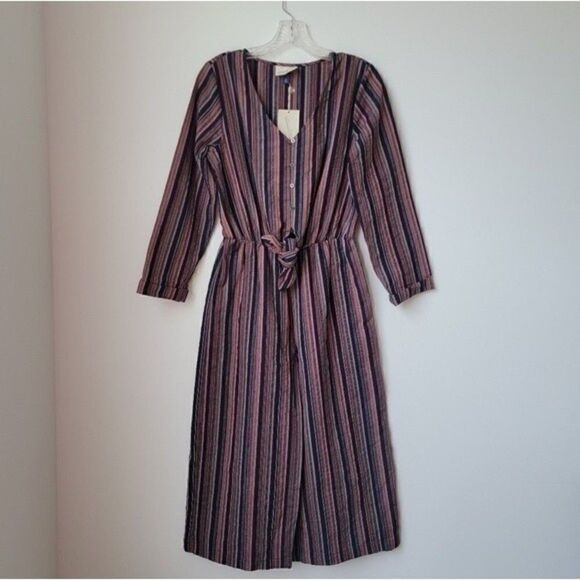 Nwt UNIVERSAL THREAD Striped Maroon Blue Long Sleeve Tie Front Jumpsuit XS - Picture 2 of 14